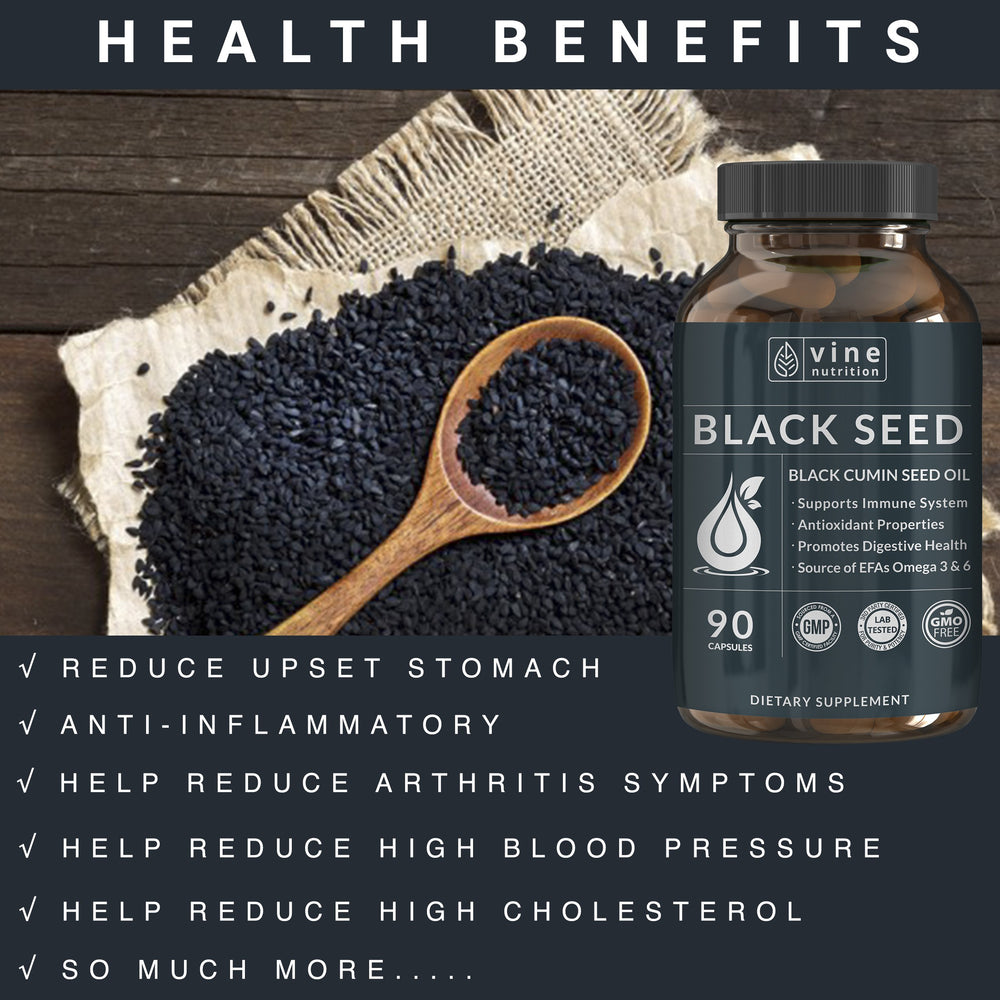 Bottle of Vine Nutrition Black Seed Oil Capsules on a kitchen counter