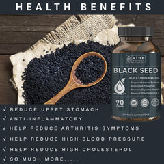 Bottle of Vine Nutrition Black Seed Oil Capsules on a kitchen counter