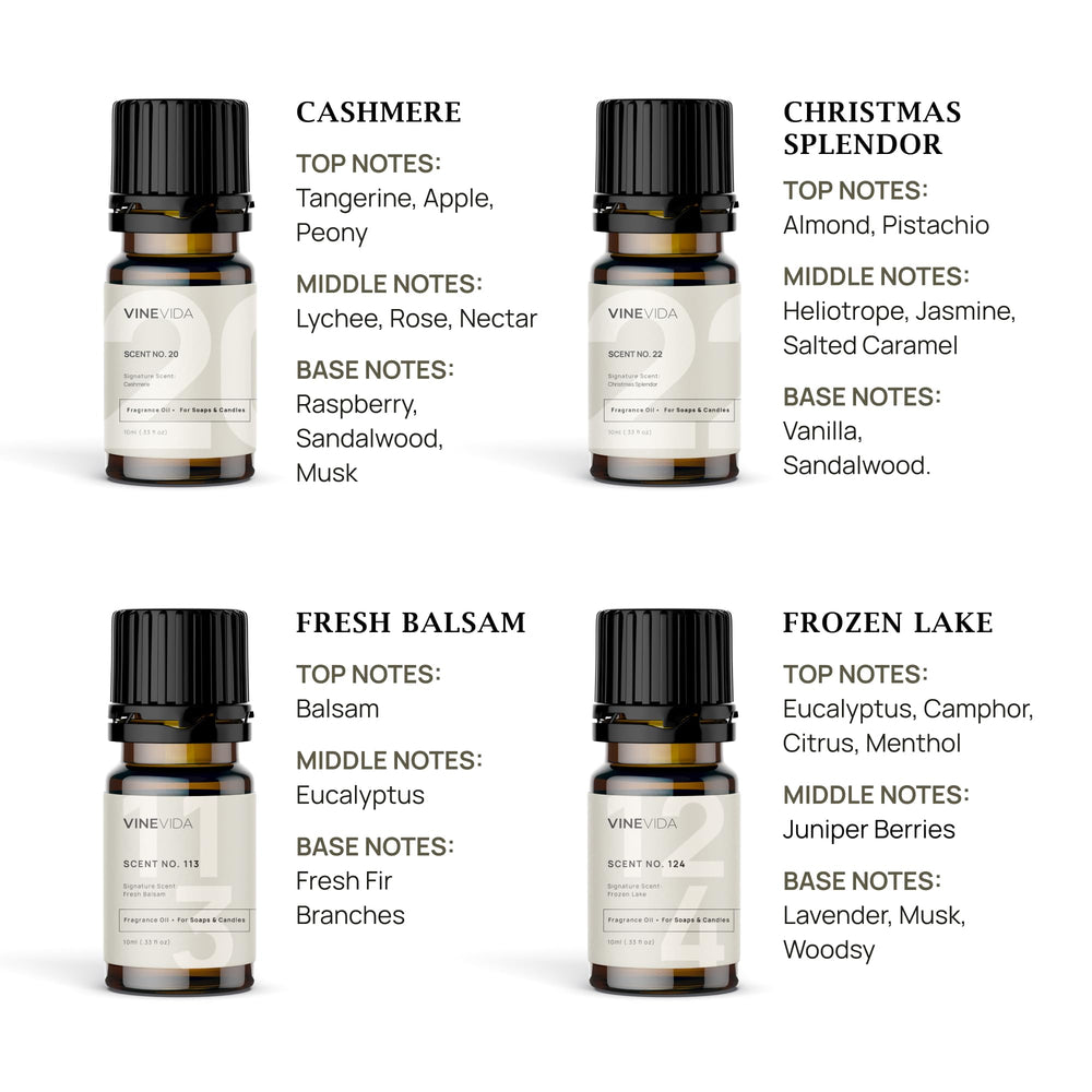 Close-up of various Christmas candle fragrance oil bottles
