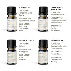Close-up of various Christmas candle fragrance oil bottles