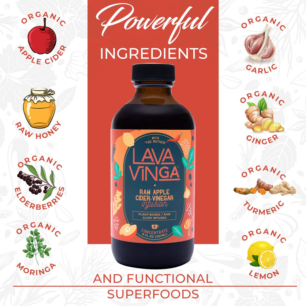 VINGA arranged ingredients (apple cider, moringa, spices) showing natural sourcing