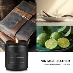 Close-up of leather-scented candle with black lid