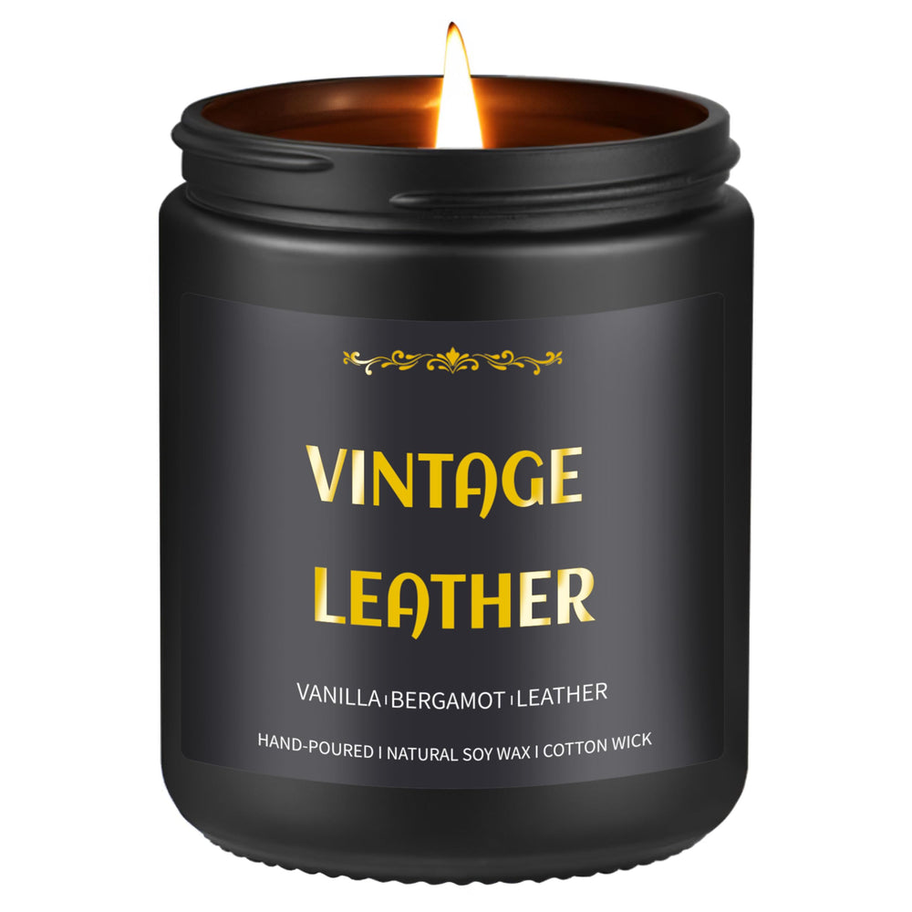 Vintage Leather Candle in a black jar with gold embossing