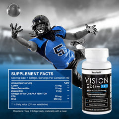 Vision Edge Pro label closeup highlights lutein, meso-zeaxanthin, and zeaxanthin.