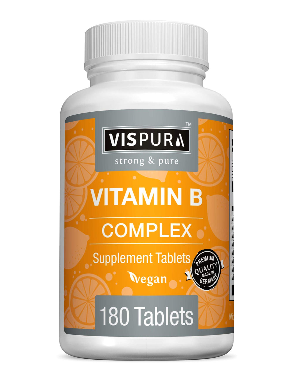 Front view of VISPURA Vitamin B-Complex bottle with 180 vegan tablets