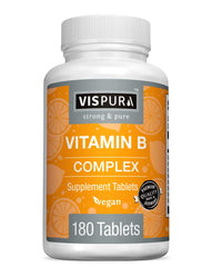 Front view of VISPURA Vitamin B-Complex bottle with 180 vegan tablets
