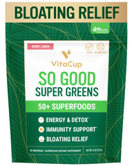 Front view of VitaCup So Good Super Greens Berry Lemon packaging