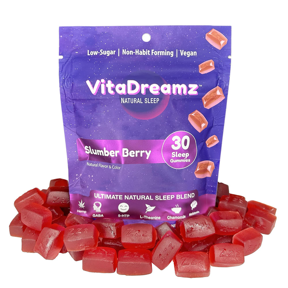 Bottle of VitaDreamz Melatonin Gummies SleepEZ Pillowz with Slumber Berry flavor