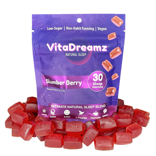 Bottle of VitaDreamz Melatonin Gummies SleepEZ Pillowz with Slumber Berry flavor