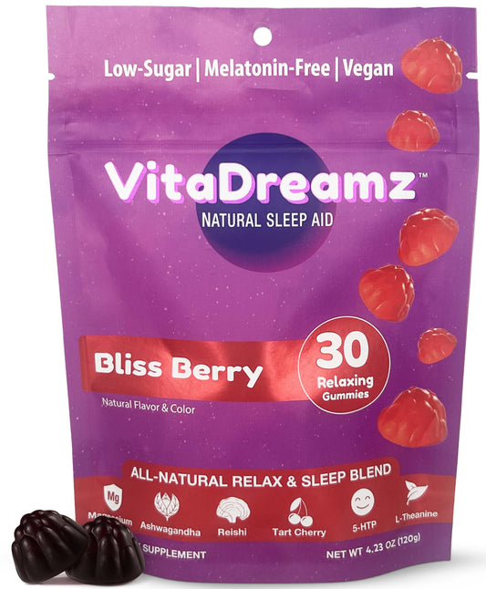 VitaDreamz Bliss Berry Sleep Gummies bottle with gummies