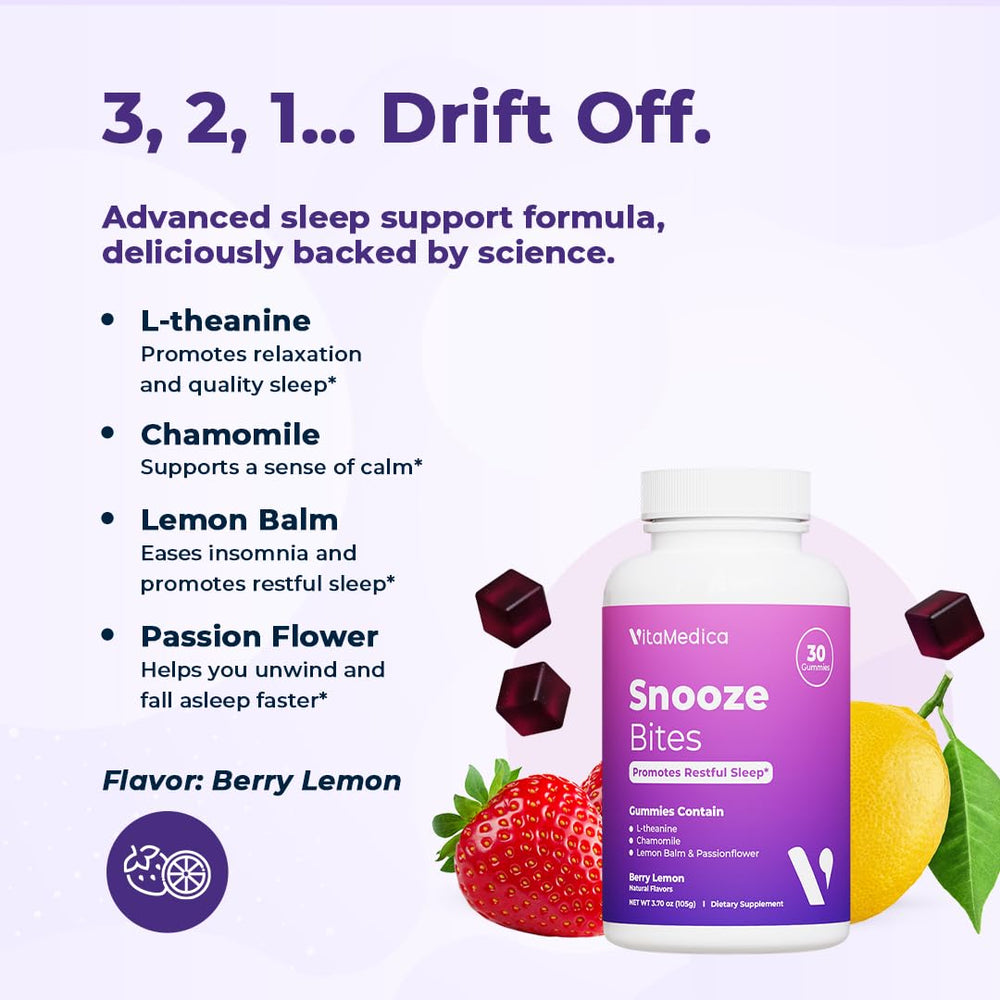 Berry lemon flavored Snooze Sleep Gummies spilling from a bottle
