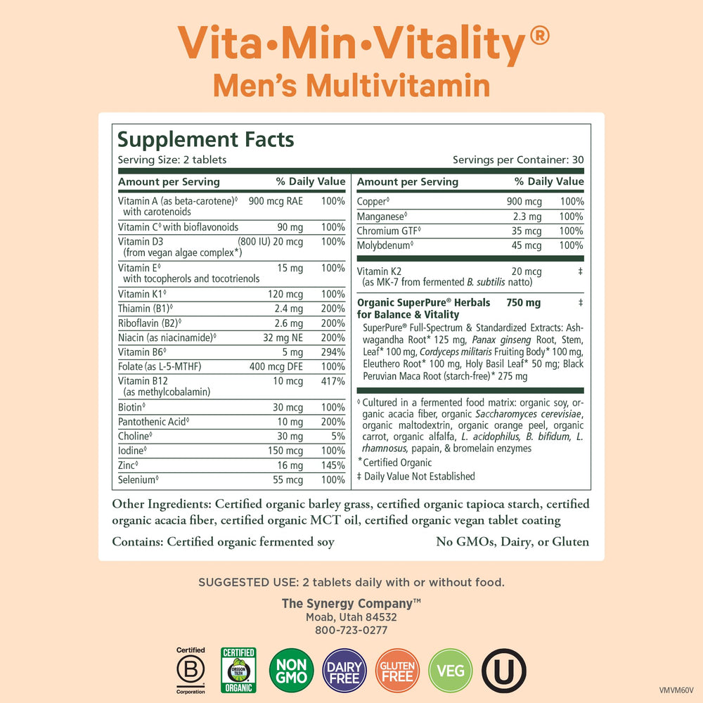 Vita·Min·Vitality organic ingredients label highlighting whole foods