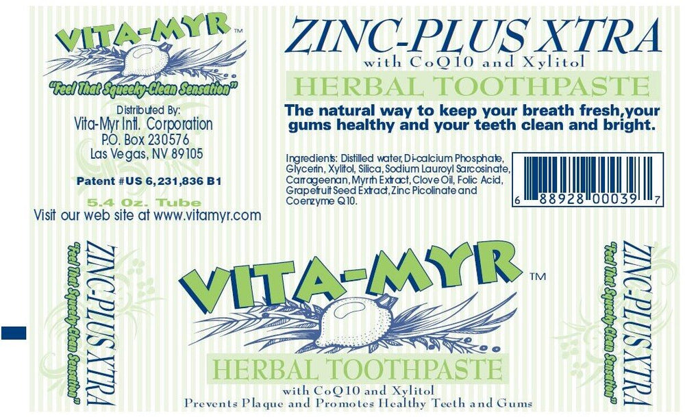 3-pack pack shot of VITA-MYR Zinc Plus Xtra Herbal Toothpaste 5.4 oz