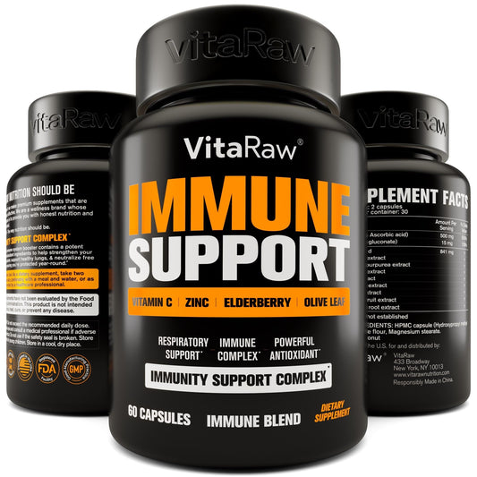 VitaRaw Immune Support bottle highlighting elderberry and zinc ingredients