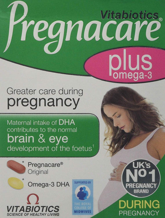 Two-pack bottle and blister pack of Vitabiotics Pregnacare Plus Omega-3