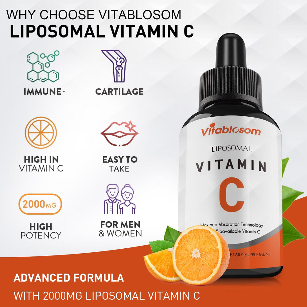 Usage guidance showing a 2ml daily dose of Vitablosom Liposomal Vitamin C.