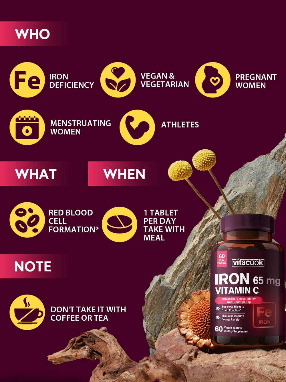 Vitamin C icon next to iron 65 mg on packaging