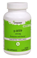 Bottle of Vitacost 5-HTP 100 mg - 240 capsules on white background