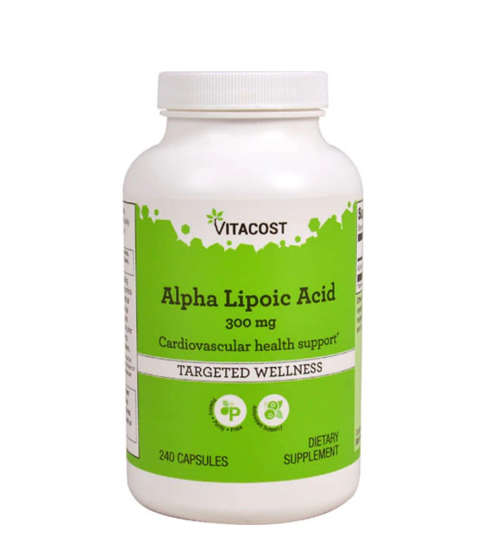 Bottle of Vitacost Alpha Lipoic Acid 300 mg 240 capsules on white background