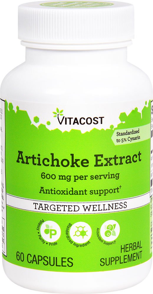 Vitacost Artichoke Extract bottle label displaying 600 mg per serving