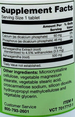 Close-up of Vitacost Ashwagandha Complex bottle label highlighting standardized extract and root powder