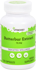 Bottle label of Vitacost Butterbur Extract 75 mg per capsule, 120 capsules