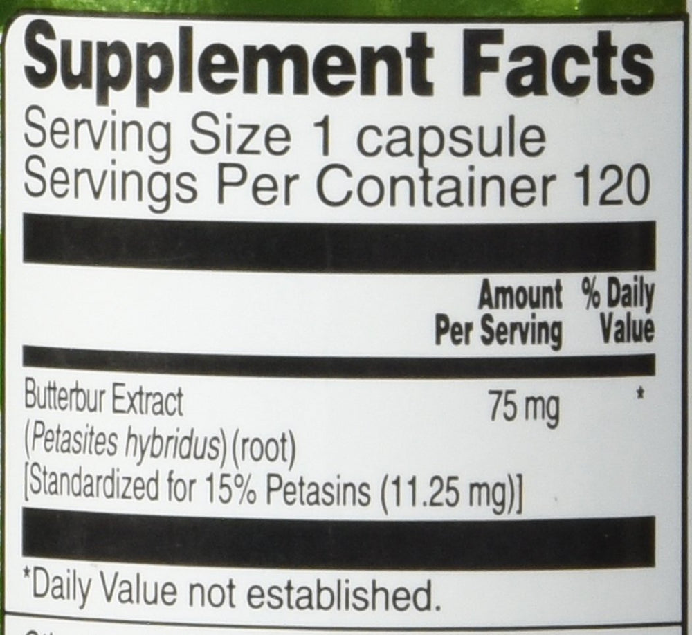 Close up of butterbur extract capsules showing standardized 75 mg potency