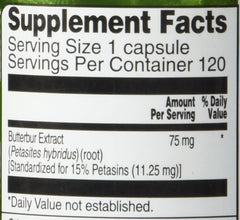 Close up of butterbur extract capsules showing standardized 75 mg potency
