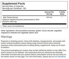Close-up of Vitacost Milk Thistle Extract bottle with standardization to 80% silymarin