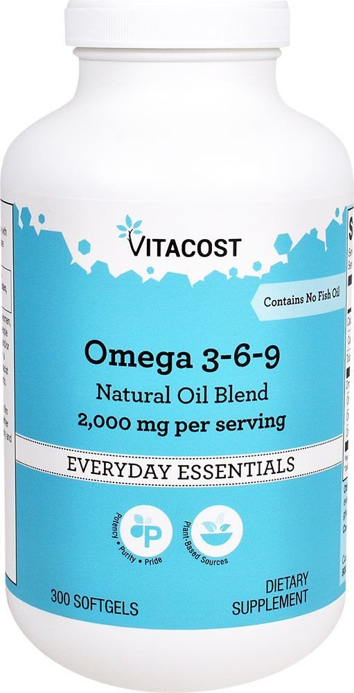 Bottle of Vitacost Omega 3-6-9 Natural Oil Blend with 300 softgels; fish-free, plant-based omega mix