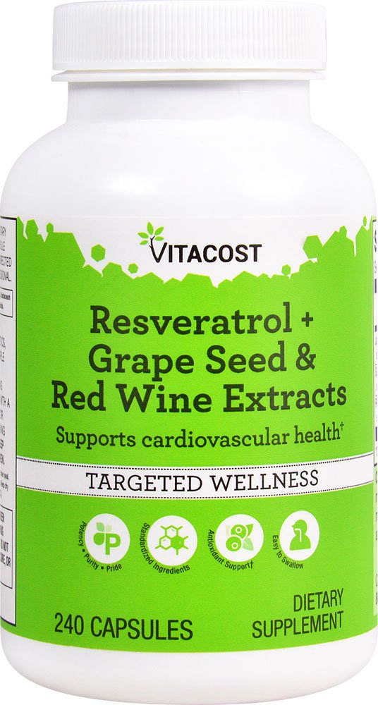 Vitacost Resveratrol + Grape Seed & Red Wine Extracts bottle, 240 capsules
