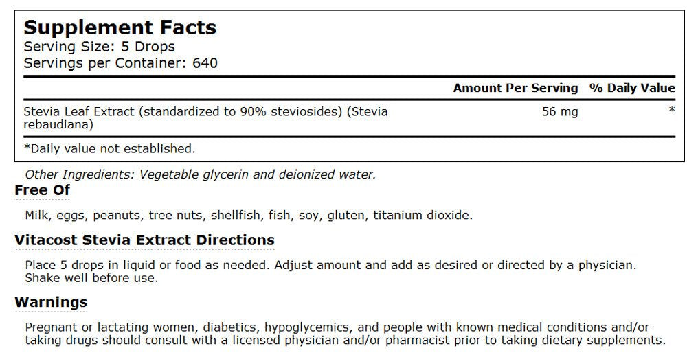 Close-up of Vitacost Stevia Extract label highlighting 90% steviosides and purity