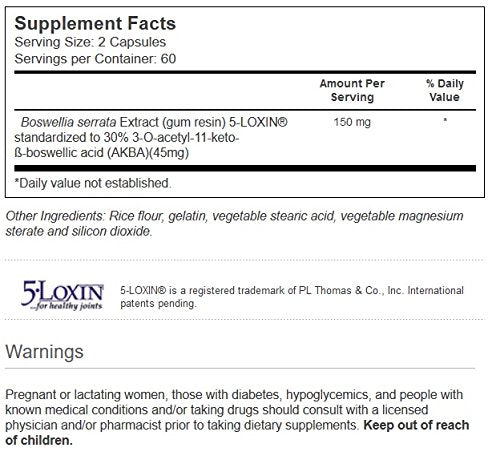 Back label and packaging highlighting 30% AKBA concentration and 5-LOXIN technology