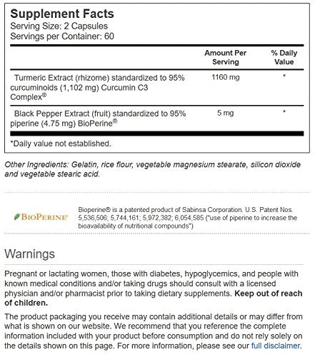 Close-up of Vitacost Turmeric Extract Curcumin C3 Complex with Bioperine label on bottle