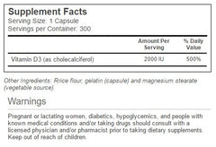Close-up of Vitacost Vitamin D3 label showing 2000 IU per capsule