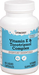 Bottle of Vitacost Vitamin E & Tocotrienol Complex with 60 liquid vegetarian capsules