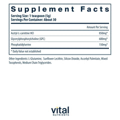 Vital Brain Powder label showing ingredients and vegan formula
