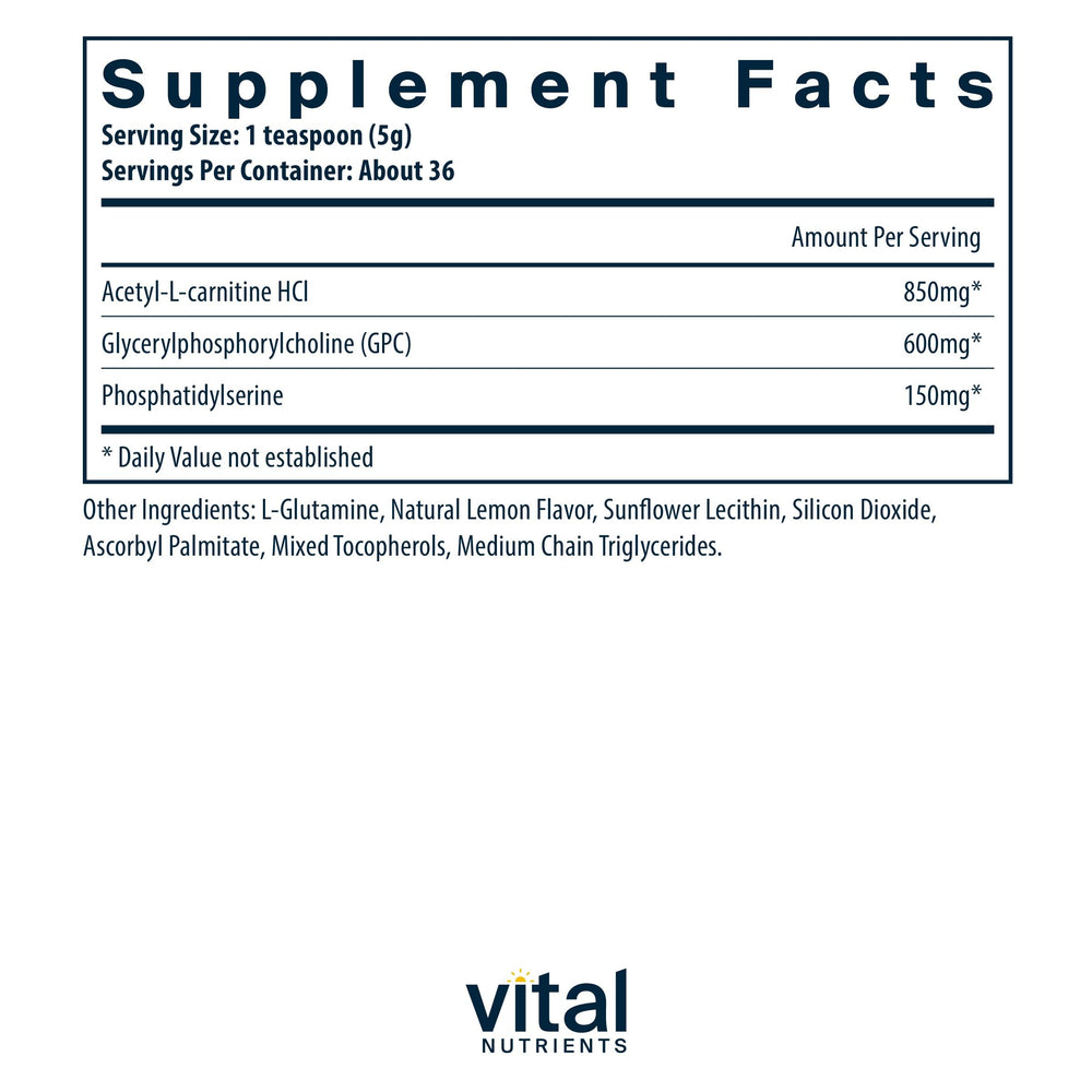 Lemon flavor Vital Brain Powder bottle nutrition label and ingredients (150g)