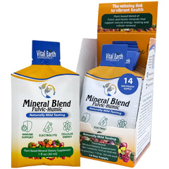 Vital Earth Minerals Detox & Wellness box displaying 14 travel-ready liquid pouches