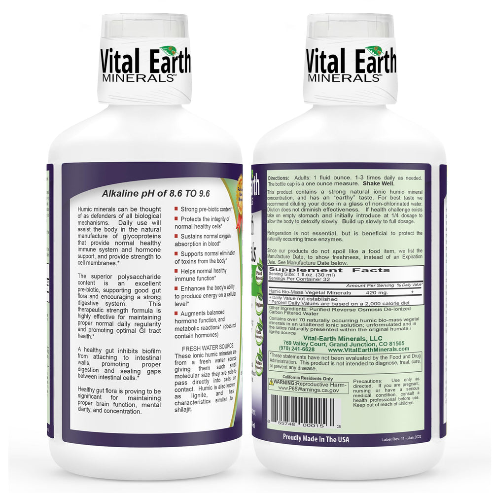 Vital Earth Minerals bottle pouring into glass demonstrates easy mix for daily use.