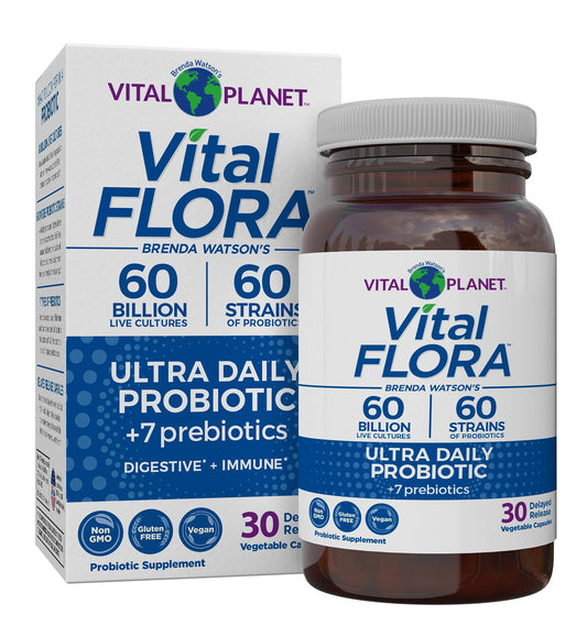 Bottle of Vital Flora Ultra Daily Probiotic on a clean background