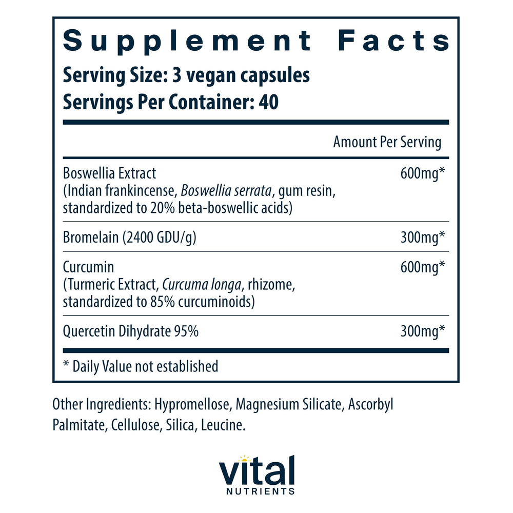 BCQ ingredients panel showing boswellia, bromelain, curcumin, and quercetin