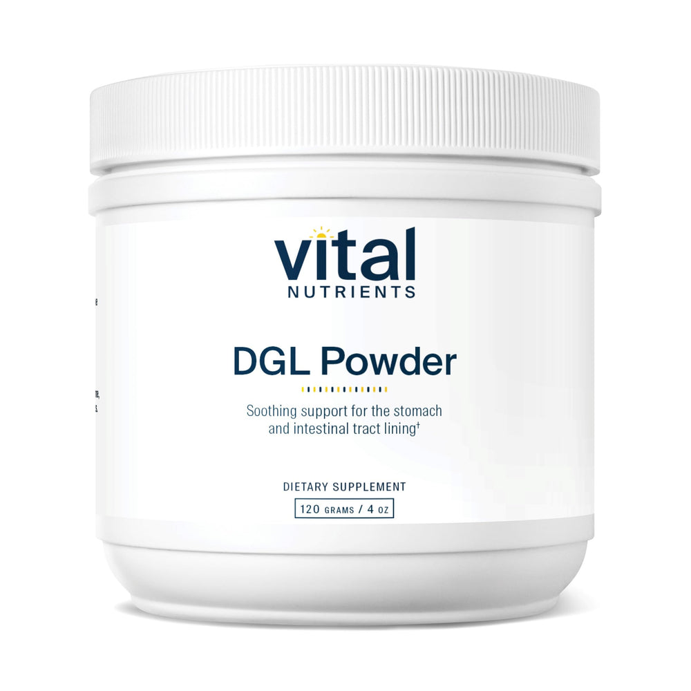 Vital Nutrients DGL Powder bottle with scoop on white background