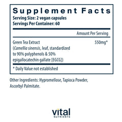 Supplement facts panel for Green Tea Extract 550mg