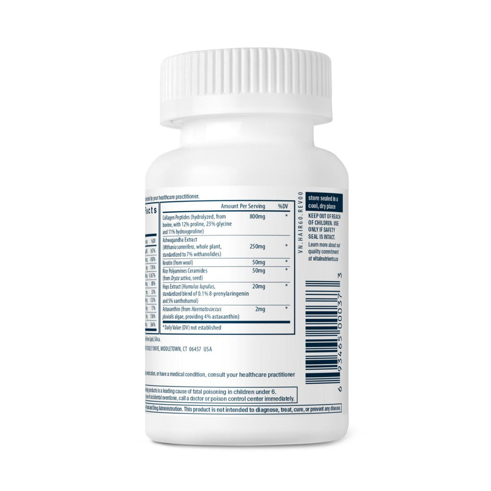 Product box highlighting ingredients like ashawaghanda, hops and biotin