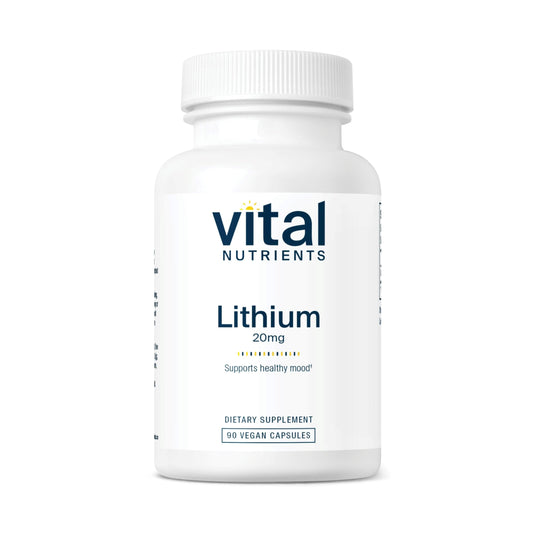Front of Vital Nutrients Lithium Orotate 20mg 90 capsules bottle