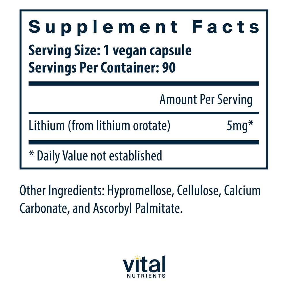 Close-up of Lithium Orotate bottle label showing 5 mg per capsule