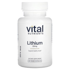 Vital Nutrients Lithium Orotate bottle with 90 vegan capsules for balanced mood support.