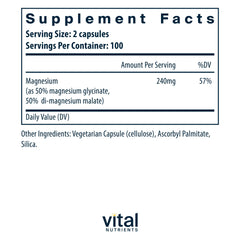 Vital Nutrients magnesium glycinate and malate capsules illustrating gentle absorption for sensitive stomachs.