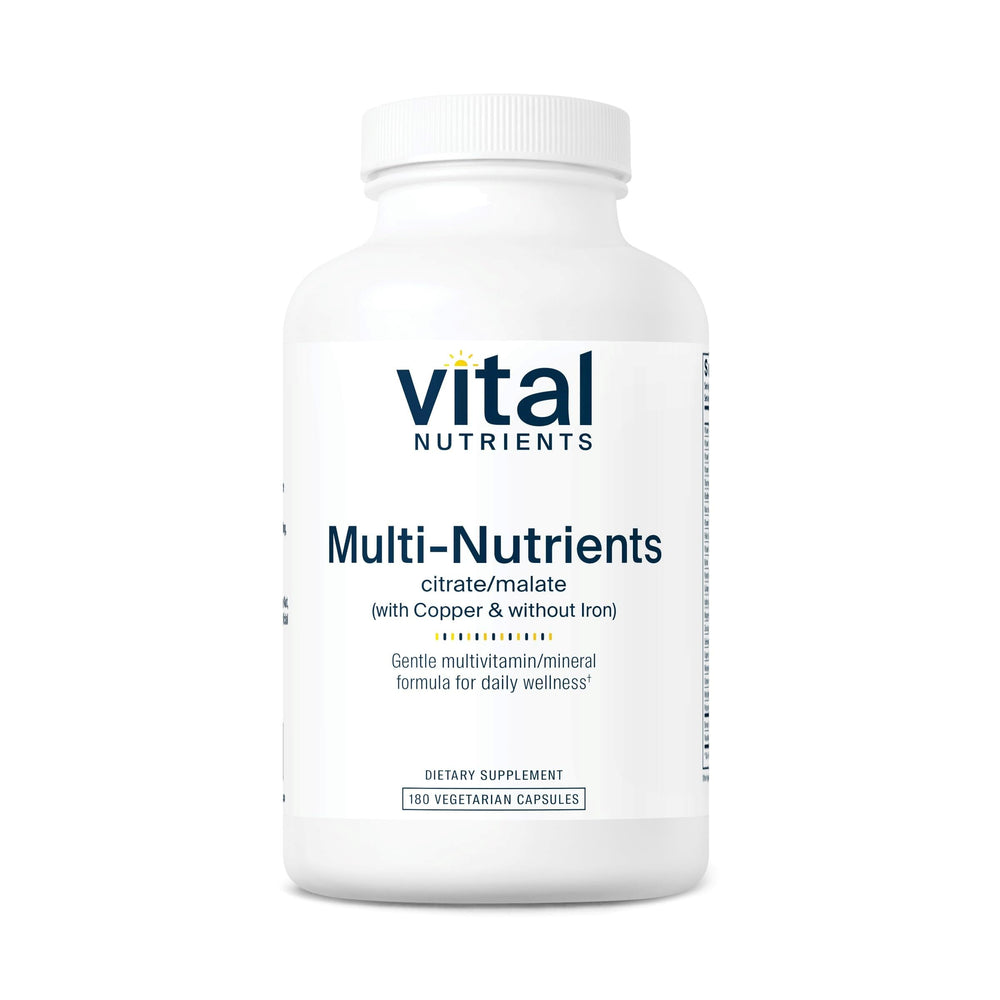 Bottle of Vital Nutrients Multi-Nutrients 2 with citrate/malate minerals, copper, no iron - 180 vegetarian capsules